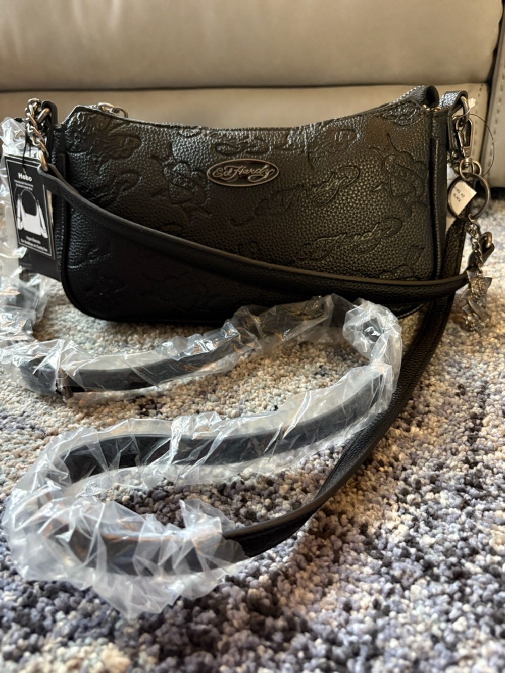 Ed Hardy Black Embossed Leather Shoulder Bag with Logo Plaque